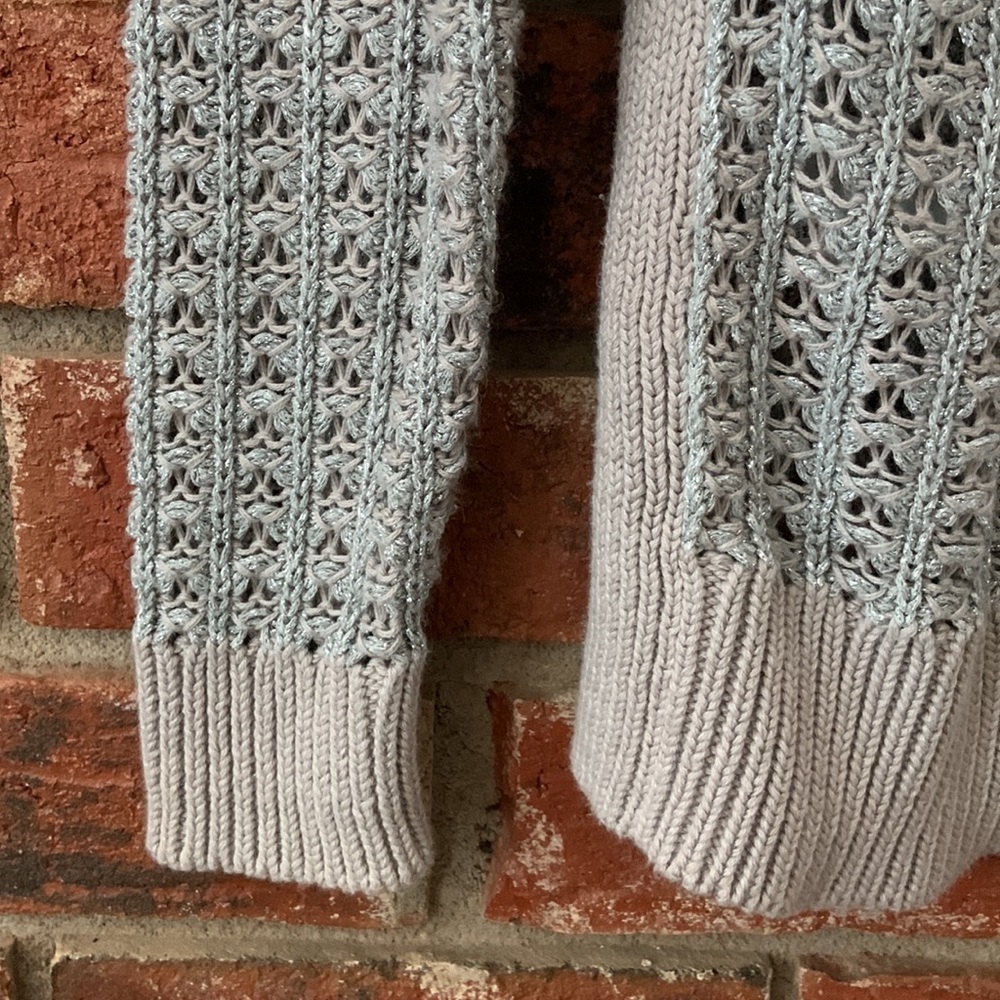 LOFT Silver & Tan Long Sleeve Open Knit Sweater - Picture 4 of 6